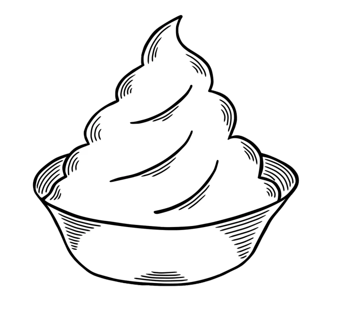 a bowl of ice cream on a black background, an illustration of, inspired by Shūbun Tenshō, pop art, whipped cream, ( ( dithered ) ), mcbess illustration, soft outline