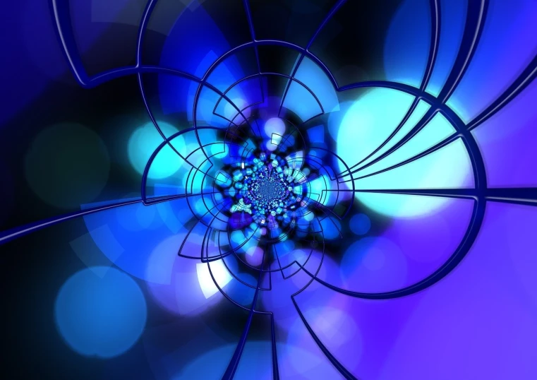 a computer generated image of a blue flower, deviantart, digital art, glowing stained glass backdrop, swirly bokeh, geometrical shapes and lines, stunning screensaver