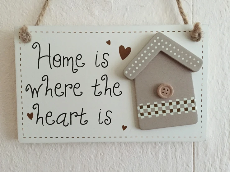 a sign that says home is where the heart is, by Charlotte Harding, beige, hd image, hut, hight decorated