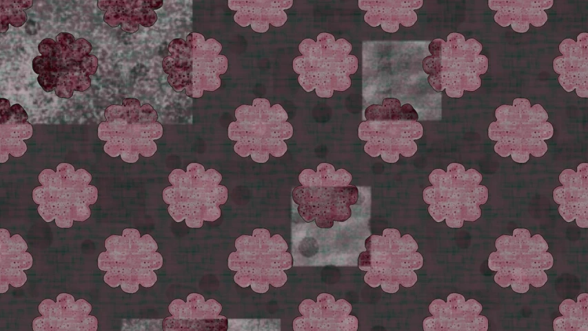 a pattern of pink flowers on a black background, a digital rendering, inspired by Kawai Gyokudō, pink and grey clouds, patchwork, gears, maroon