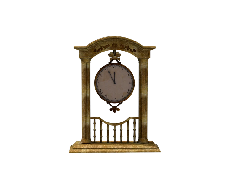 a gold clock sitting on top of a table, by senior environment artist, baroque, gate, vintage - w 1 0 2 4, ancient roman style, fine simple delicate structure
