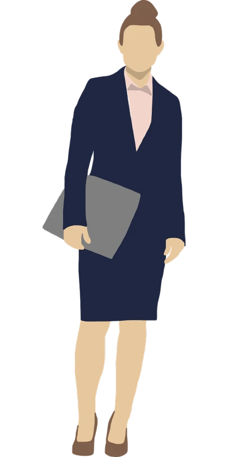 a woman in a business suit holding a folder, pixabay, digital art, elongated figure, woman in dress, wearing dark blue suit, anya from spy x family