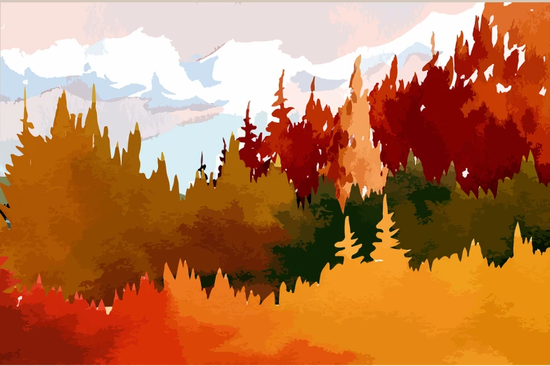 a painting of a forest filled with lots of trees, a digital painting, inspired by A. J. Casson, flickr, digital art, autumn mountains, color vector, version 3, panorama