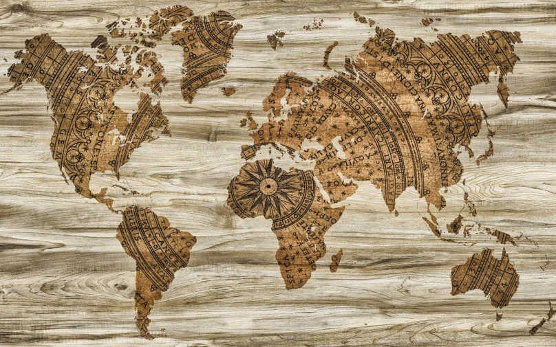 a map of the world on a piece of wood, by Jordan Grimmer, trending on pixabay, fine art, ornate pattern, vintage - w 1 0 2 4, oriental wallpaper, tan