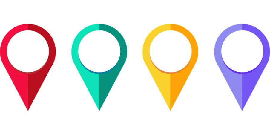 a group of different colored markers on a black background, concept art, icon for weather app, based on geographical map, minimalist logo without text, front and back