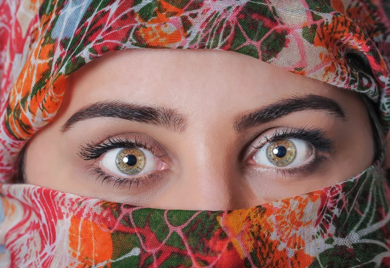 a close up of a person wearing a headscarf, a colorized photo, trending on pixabay, arabesque, eyes). full body, detailed pupils, big bold thick eyebrows, hunter eyes