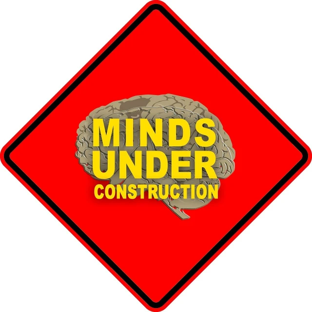 a sign that says minds under construction, concept art, by Luis Miranda, constructivism, brain, 1 6 x 1 6, construction site, traffic