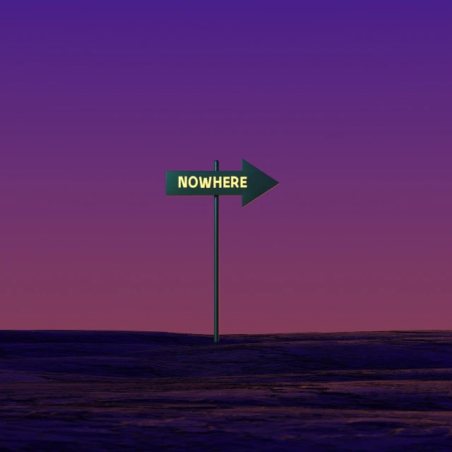 a street sign with the word nowhere on it, tumblr, conceptual art, plain purple background, on another planet, low horizon, navy
