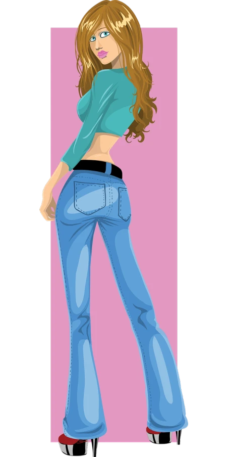 a woman in blue jeans and a green top, an illustration of, shutterstock, !!! very coherent!!! vector art, hyper detail illustration, cartoon image, wearing black tight clothing