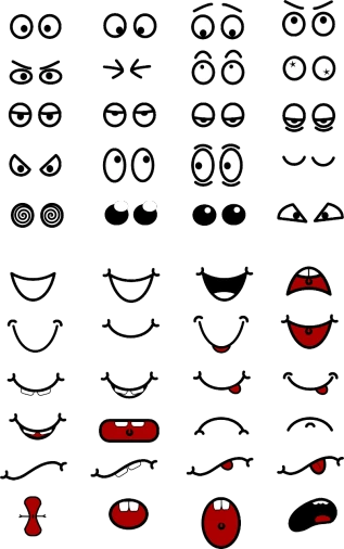 a set of cartoon faces with different expressions, by Murakami, mingei, cartoon eyes, 2 0, teeth, very simple