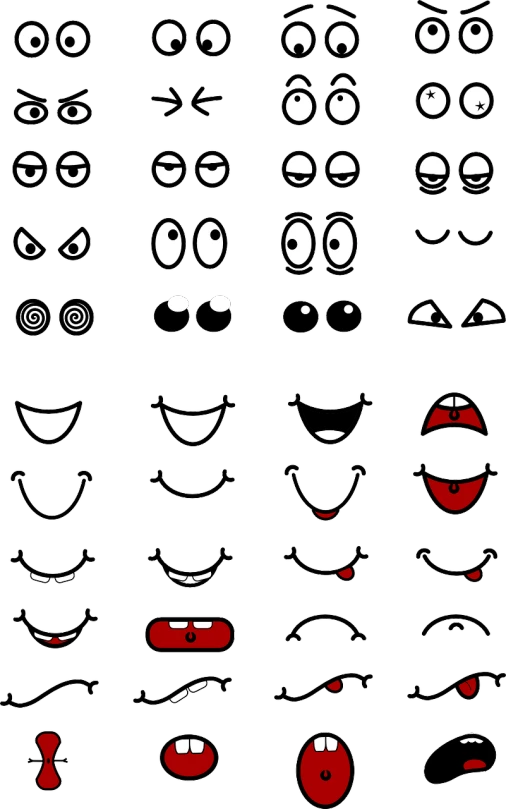 a set of cartoon faces with different expressions, by Murakami, mingei, cartoon eyes, 2 0, teeth, very simple