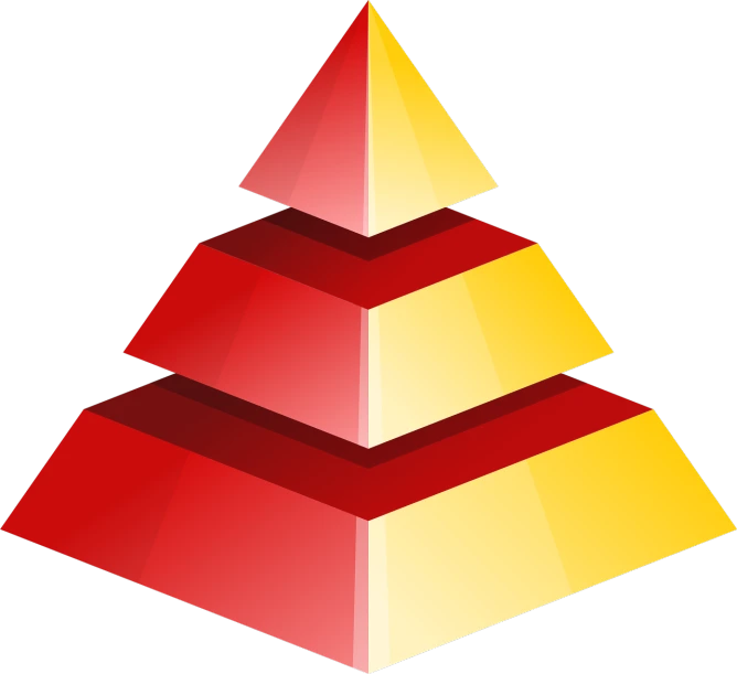 a red and yellow pyramid on a black background, an illustration of, by Aleksander Kotsis, pixabay, clipart icon, stacked, three fourths view, server