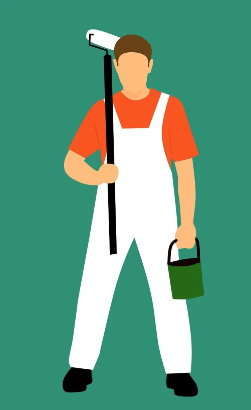 a man in overalls holding a paintbrush and a bucket, a minimalist painting, by Andrei Kolkoutine, pixabay, a green, white apron, clean graphic design, emergency