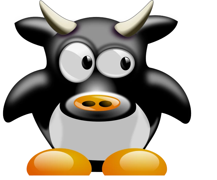 a black and white penguin with horns on its head, a screenshot, pixabay, dada, campy. cow costume with udders, !!! very coherent!!! vector art, weird silly thing with big eyes, minotaur