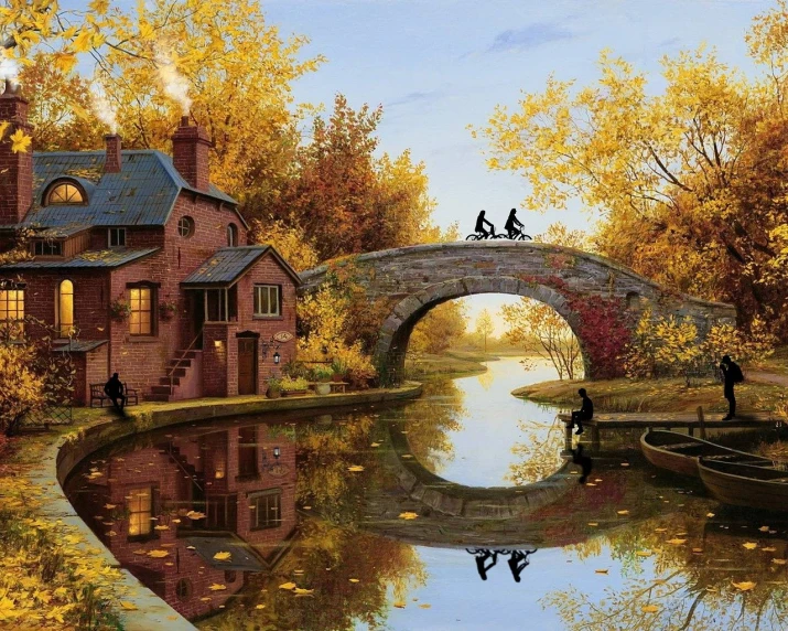 a painting of two people on a bridge over a river, a photorealistic painting, by Guido Borelli da Caluso, fantastic realism, bicycles, kramskoi 4 k, cottage, 🍂 cute