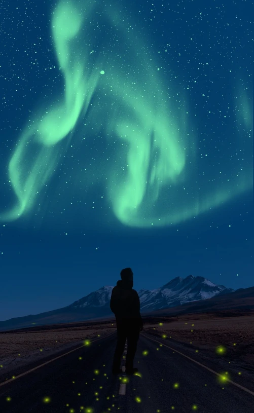 a person standing on a road in the middle of the night, a matte painting, inspired by Christopher Balaskas, northern lights background, istockphoto, distant mountains lights photo, a person standing in front of a