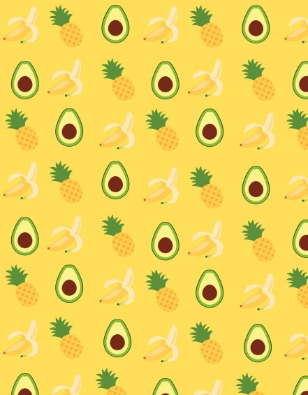 a banana, pineapple, and avocado pattern on a yellow background, vector art, background image, ayami koj ima, full frame shot, recipe