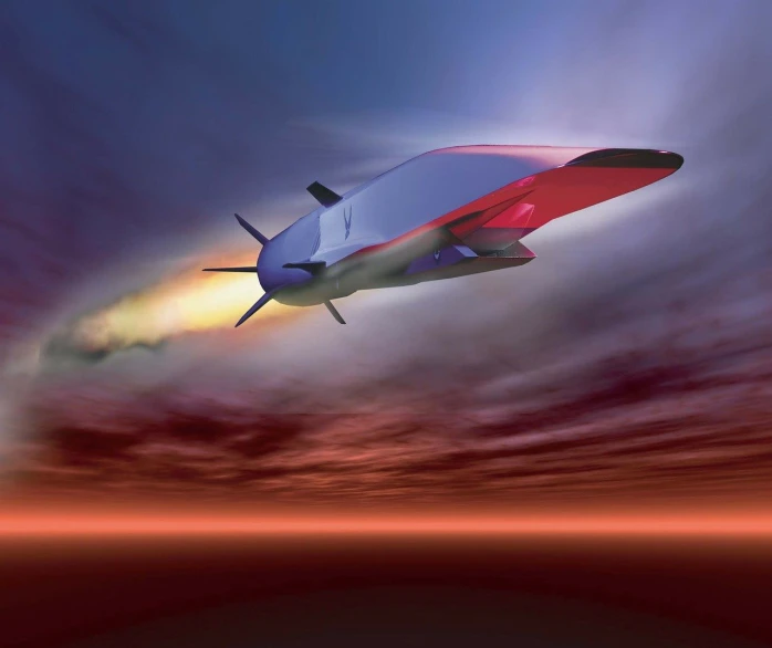 a red and blue plane flying through a cloudy sky, an illustration of, by Richard Mayhew, shutterstock, hurufiyya, launch tracking missiles, dusk setting, futuristic spaceship, full body close-up shot