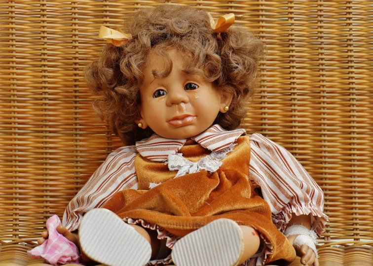 a doll is sitting on a wicker chair, a portrait, highly detailed photo, ( brown skin ), heidi, closeup photo