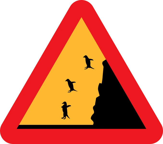 a sign warning of birds flying over a cliff, a cartoon, figuration libre, pingu, in triangular formation, ideas, narrow passage