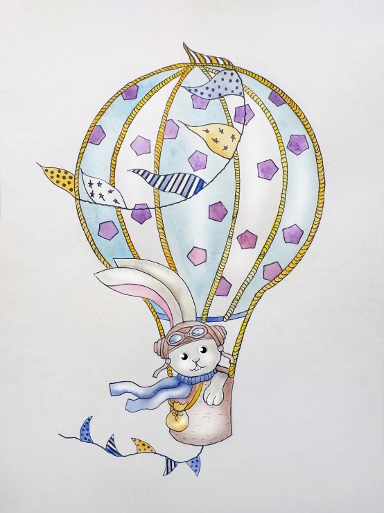 a drawing of a bunny in a hot air balloon, a watercolor painting, inspired by Ida Rentoul Outhwaite, cg society contest winner, conceptual art, wip, jester, macoto takahashi, highly detailed water colour 8 k