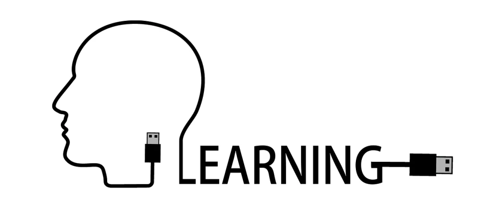 a black and white image of a person's head with a usb cable connected to the word learning, a picture, trending on pixabay, poop, looking to the right, luminal, educational supplies