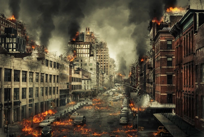 a city filled with lots of fire next to tall buildings, trending on pixabay, digital art, damaged streets, buildings covered in black tar, realistic photo of a town, the last day on earth