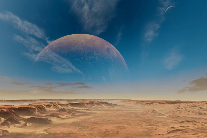 an alien landscape with a planet in the distance, barsoom, planet uranus, image from afar, stunning screensaver