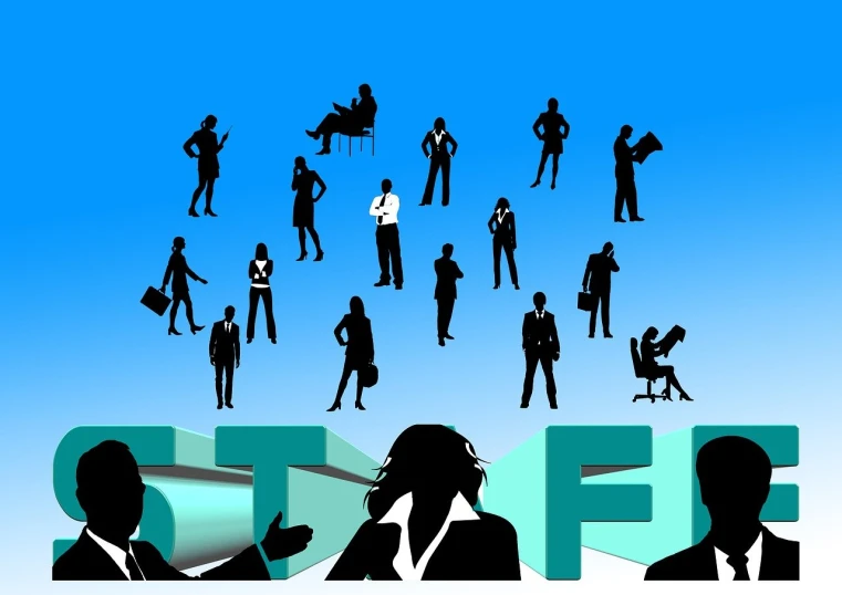 a group of people standing around the word staff, trending on pixabay, figuration libre, silhouette!!!, business attire, with a blue background, tf 1