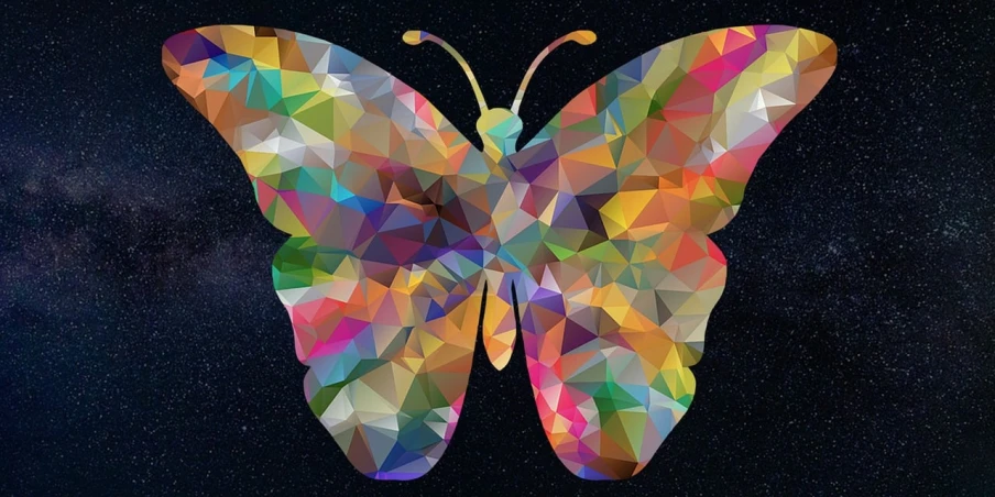 a colorful butterfly sitting on top of a black surface, a mosaic, pixabay, psychedelic art, low poly outlines, in the cosmos, digital art - w 640, illustrator vector graphics