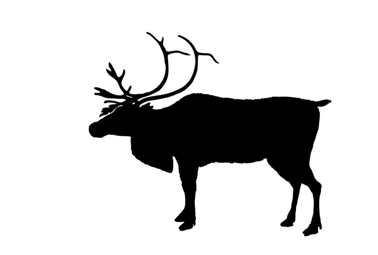 a black and white silhouette of a deer, an illustration of, inspired by Rudolph Belarski, trending on pixabay, inuit, right side profile, mammoth, museum piece
