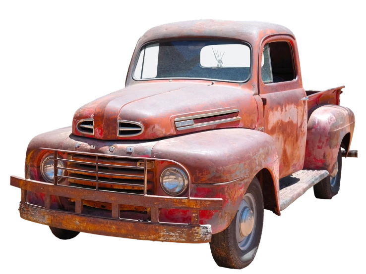 an old rusted truck on a black background, a colorized photo, by Arnie Swekel, photorealism, istockphoto, ford, rusty red helmet, long front end