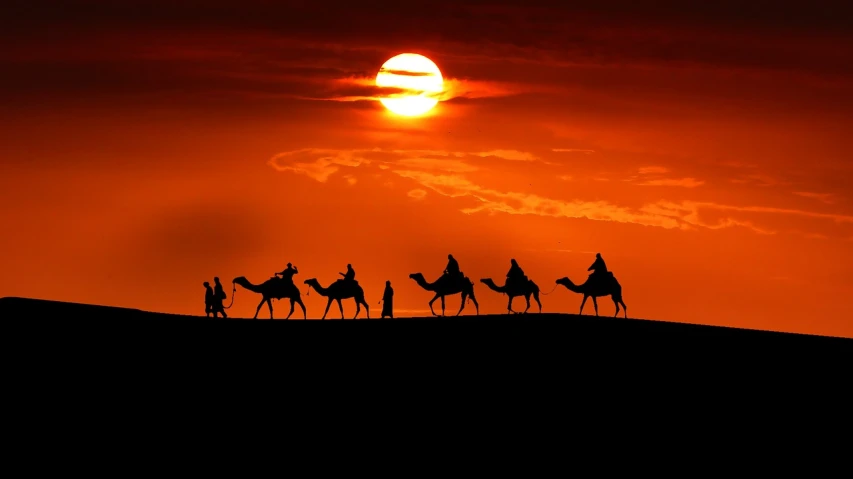 a group of people riding on the backs of camels, a picture, by Sudip Roy, trending on pixabay, fine art, orange sun set, orthodox, !!natural beauty!!, andrey gordeev