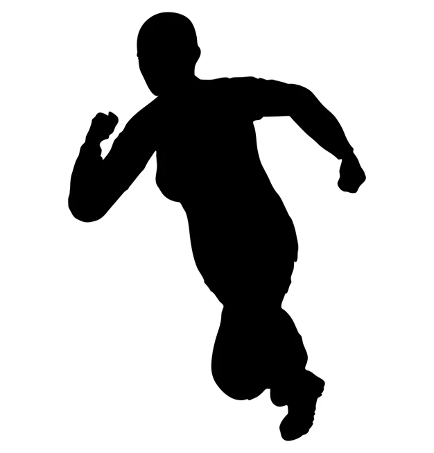 a black and white silhouette of a man running, shutterstock, figuration libre, combat stance, black female, a high angle shot, wearing track and field suit