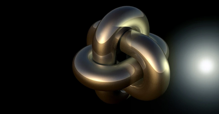 a close up of a metal object on a black background, a raytraced image, inspired by Lorentz Frölich, deviantart, quantum entanglement, smooth rounded shapes, golden chain, rendered in povray