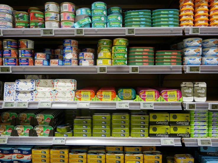 a store filled with lots of different types of food, a picture, hyperrealism, sardine in a can, stock photo, racks, cream