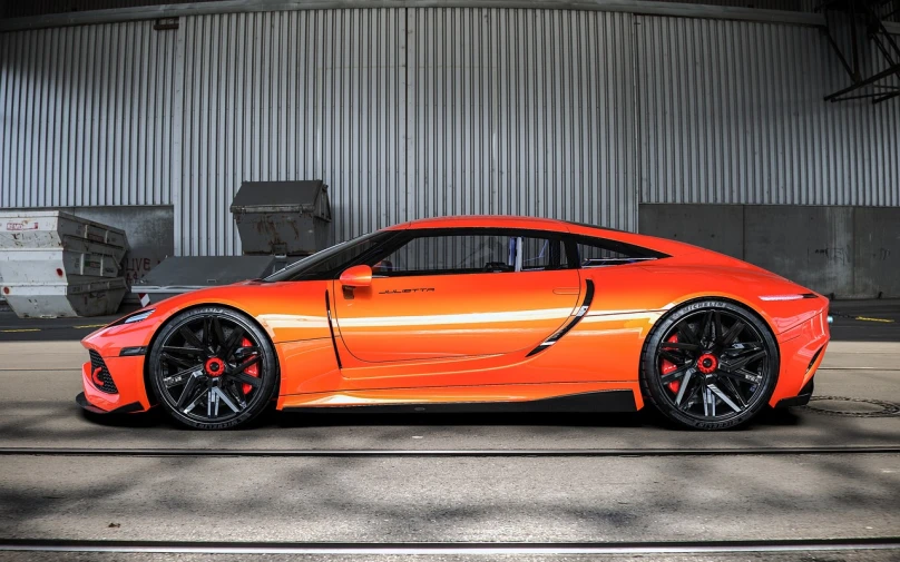 an orange sports car parked in front of a building, inspired by Bernardo Cavallino, hurufiyya, ultra wide-shot, vehicle profile, super model-s 100, daytoner