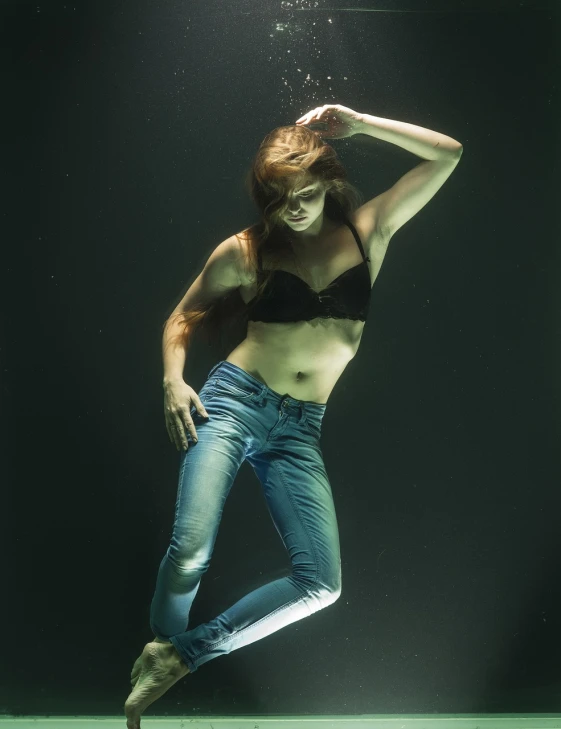 a woman in a bikini swims under water, a portrait, inspired by Elsa Bleda, figuration libre, jeans, shot at dark with studio lights, fullbody photo, 2 0 yo