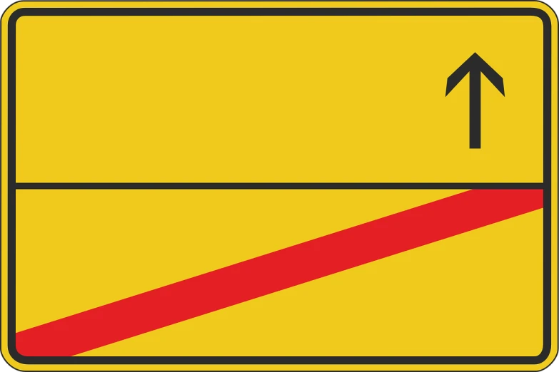a yellow and red street sign with an arrow pointing up, inspired by Pedro Álvarez Castelló, suprematism, no gradients, red stripe, detailed scenery —width 672, border