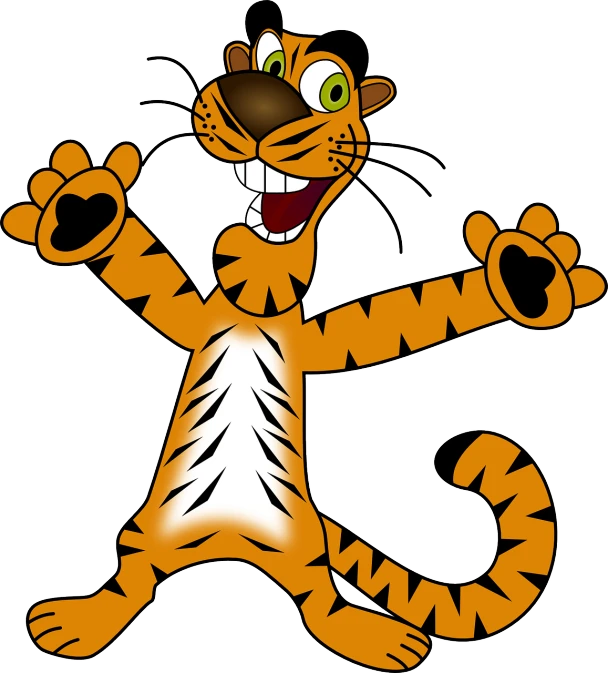 a cartoon tiger with his arms in the air, a digital rendering, inspired by Hanna-Barbera, flickr, cobra, goofy smile, dark!!!, bangalore, clip art
