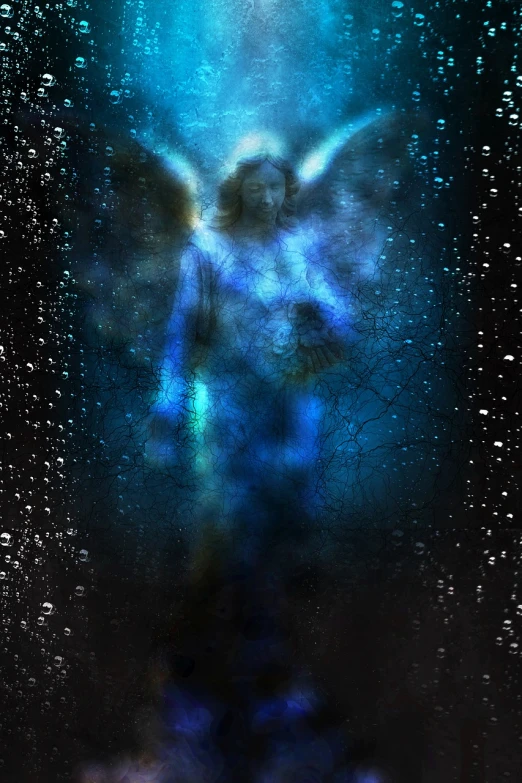 a digital painting of an angel in the rain, digital art, emanating with blue aura, centered shot, full length photo, holy grail