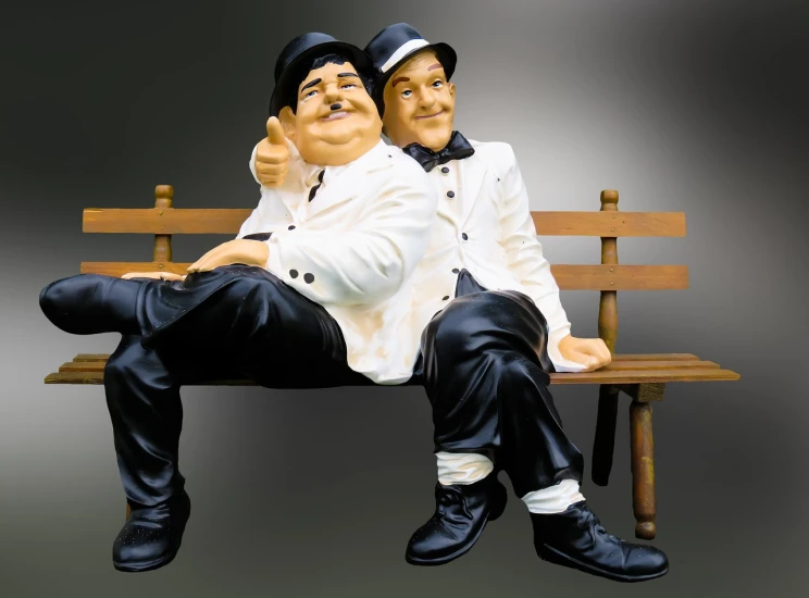 a couple of figurines sitting on top of a wooden bench, by senior artist, art nouveau, men in tuxedos, big chin, chav, life size