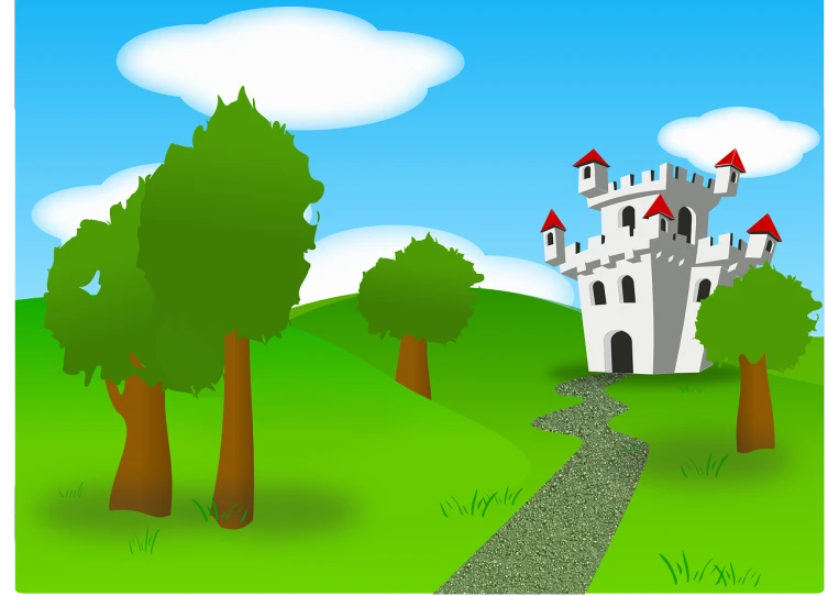 a castle sitting on top of a lush green hillside, a storybook illustration, inspired by Luigi Kasimir, pixabay contest winner, !!! very coherent!!! vector art, simple path traced, trees in the background, thumbnail