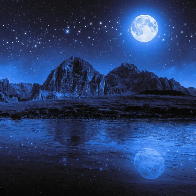 a view of a mountain range at night with a full moon, romanticism, blue reflections, twinkling stars, beautiful fantasy, very beautiful photo