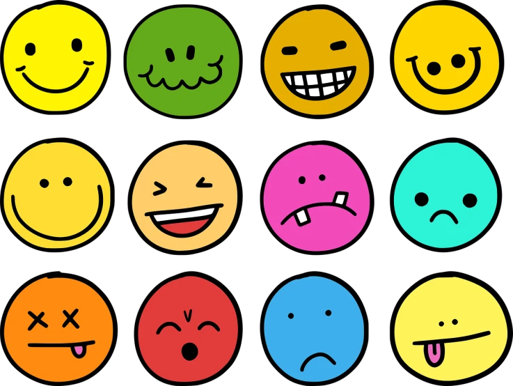 a bunch of different colored smiley faces on a black background, a picture, mingei, directions and moods. faces only, clipart, angry and bored, happy people