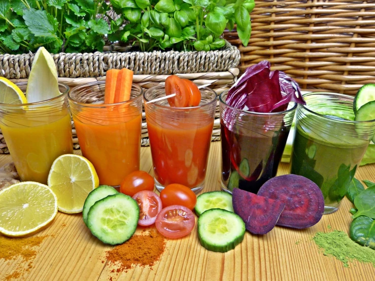 a variety of fruits and vegetables sitting on a table, unlimited juice, gradins, blending, spices