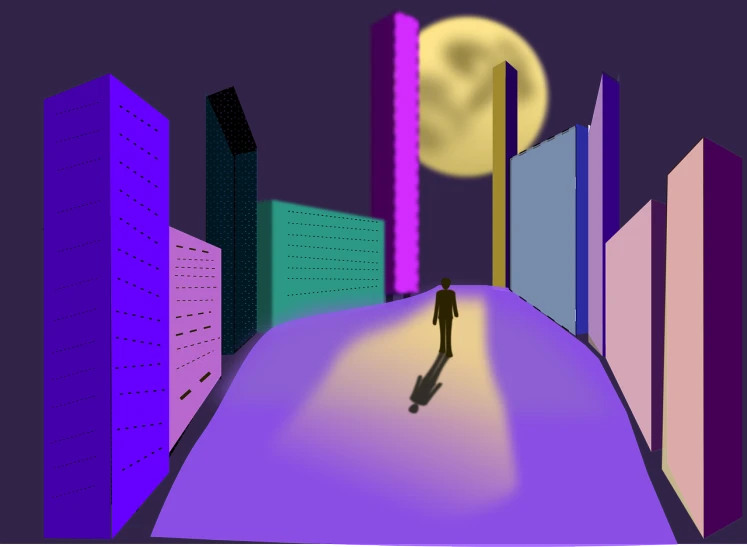 a person walking in the middle of a city at night, digital art, !!! very coherent!!! vector art, cad, moonwalker photo, cartoonish and simplistic