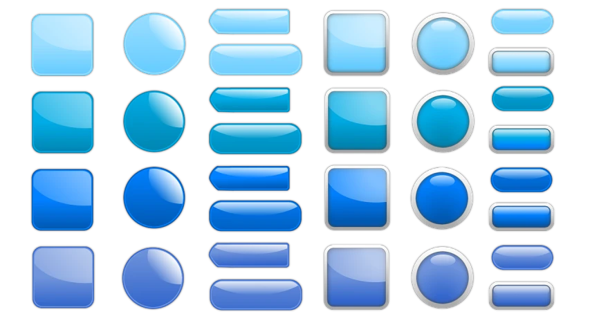 a set of blue buttons on a black background, vector art, by John Button, process art, round corners, different shapes and sizes, ios, stylized layered shapes