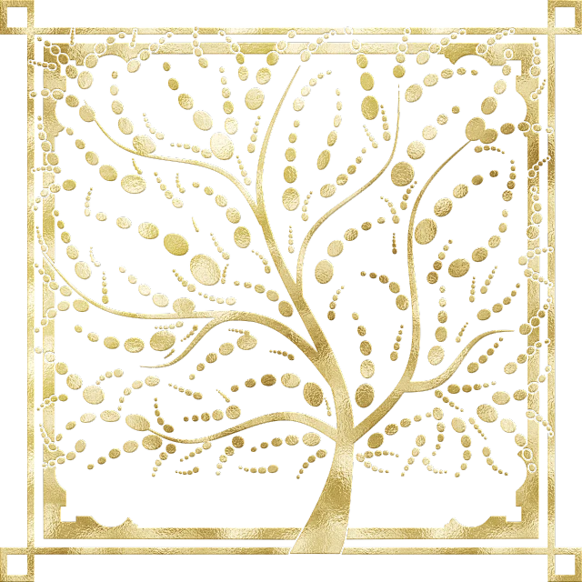 a picture of a golden tree on a black background, a digital rendering, art nouveau, onyx, intricate dotart, decorative frame, louis sullivan