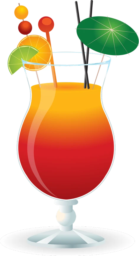 a glass of orange juice with an umbrella and cherries, a digital rendering, shutterstock, rasquache, bartending, tall iced tea glass, red and orange glow, tiki